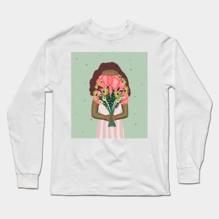 Cute girl holding a floral bouquet in a pink dress | pink and green Long Sleeve T-Shirt